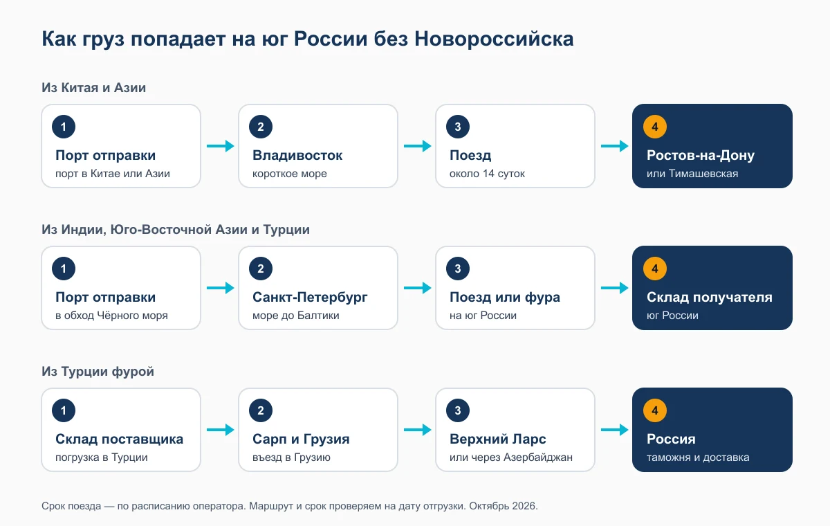 Схема: как груз попадает на юг России без Новороссийска — через Владивосток и поезд, через Санкт-Петербург и железную дорогу или фурой из Турции через Грузию